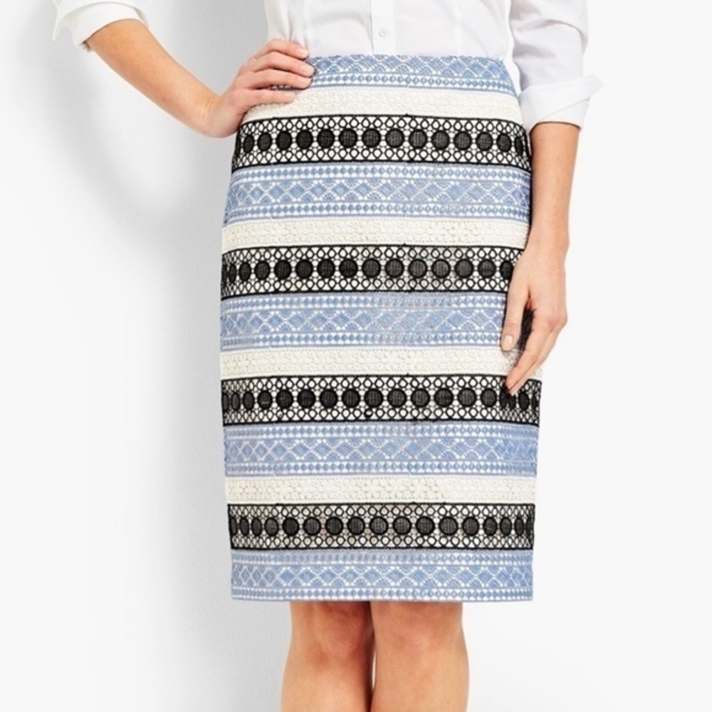 Talbots Lace Striped Pencil Skirt Blue, Black, and White Size 2 Petite
